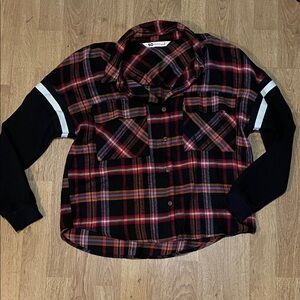 SO Plaid Button Down Shirt with Black Sleeves